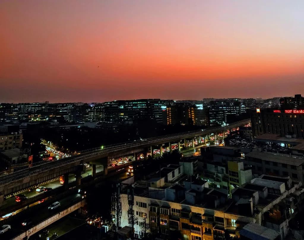 City skyline at sunset
